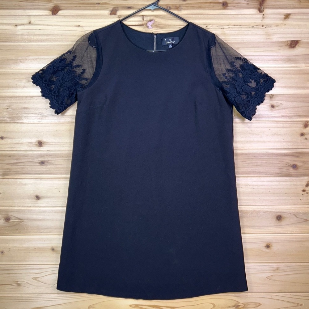 Lulus Dress Womens Medium Black Dance A Little Embroidered Sleeve Shift Dress